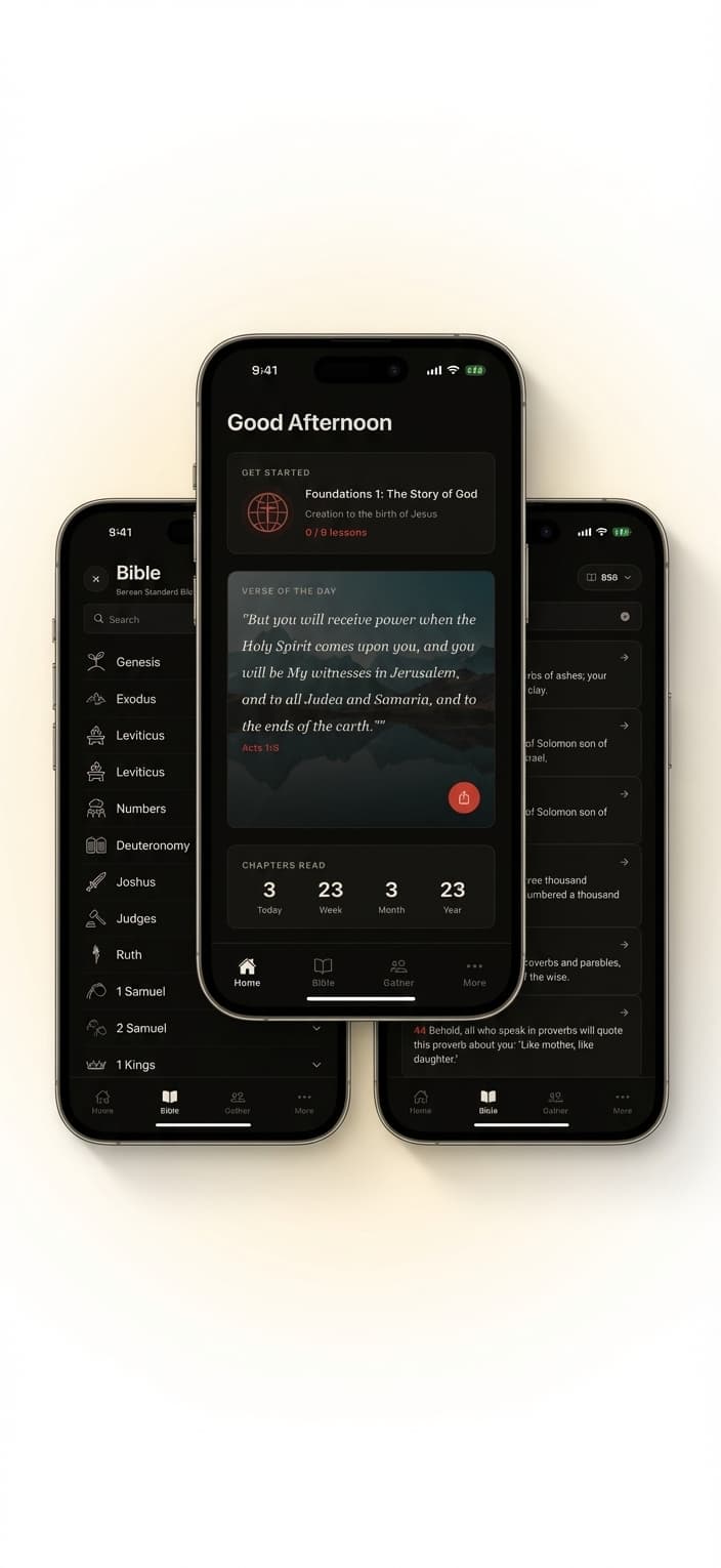 EveryBible app shown across home, Bible browsing, and search screens.