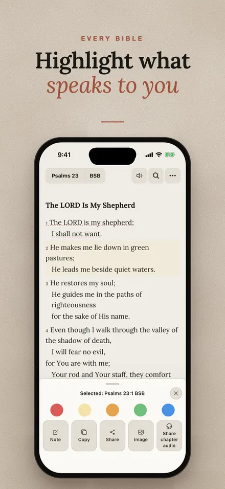 Psalm 23 with verses highlighted in the reader.